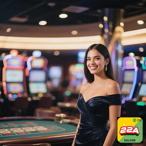 Imagem de um cassino vibrante, promovido pelo site 22a, com luzes e jogos de azar em destaque.